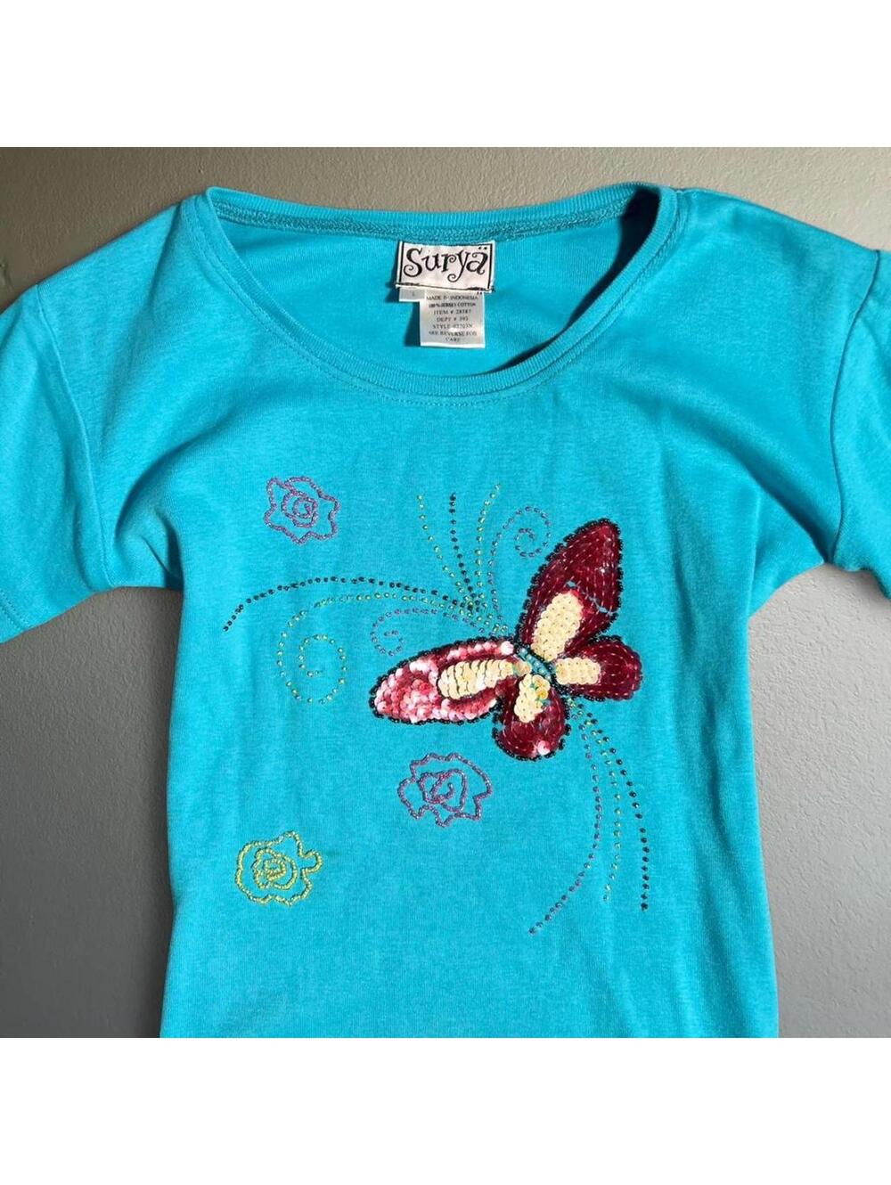 Vintage Blue Sequin Beaded Fairycore Embroidered Butterfly Top